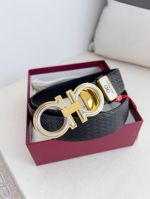 1:1 Ferragamo  Black Leather Belt Plaid Printing with Silver&Gold Logo buckle Hanging  Buckle 3.5cm
